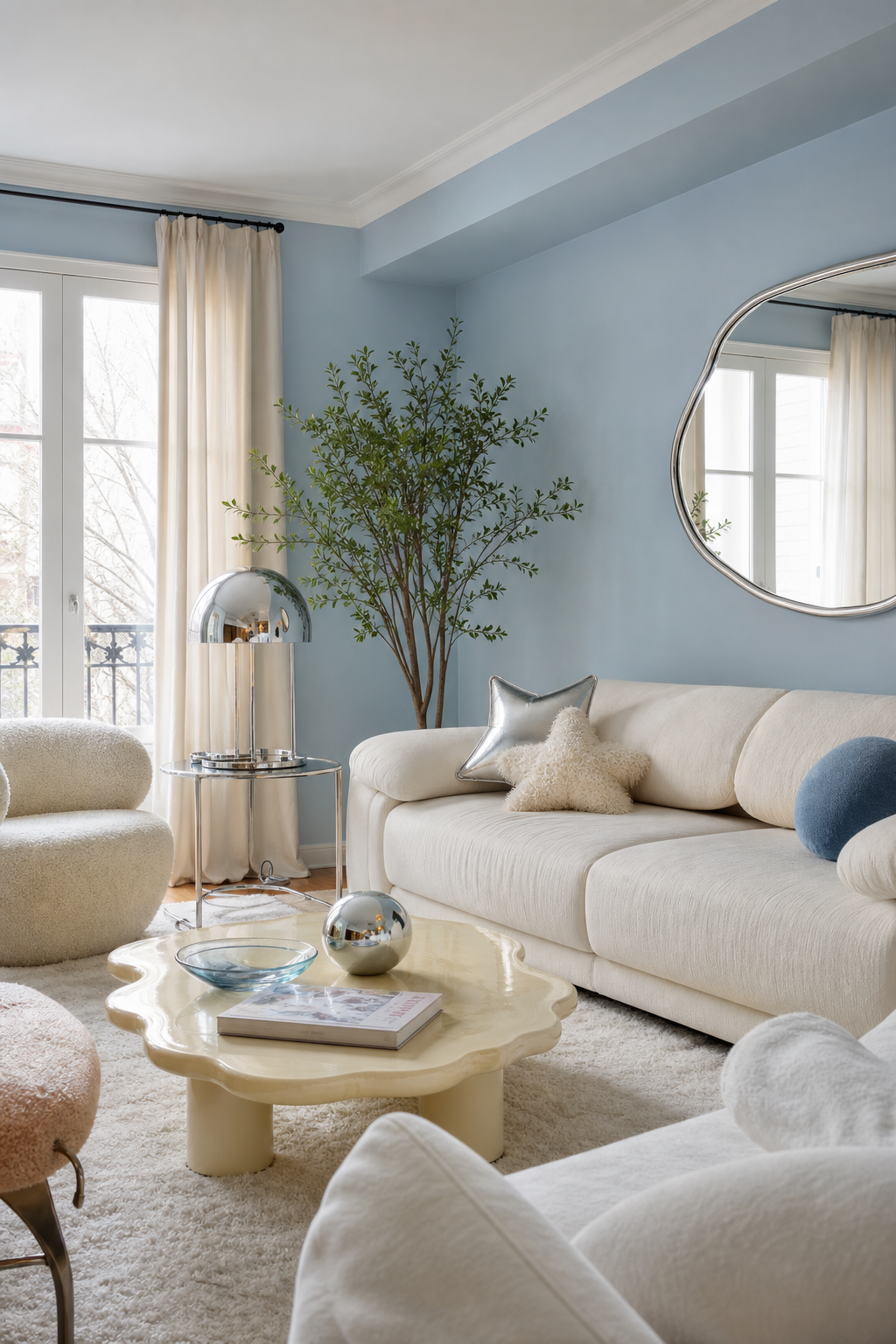 use a soft pastel accent wall in a cozy Y2K living room