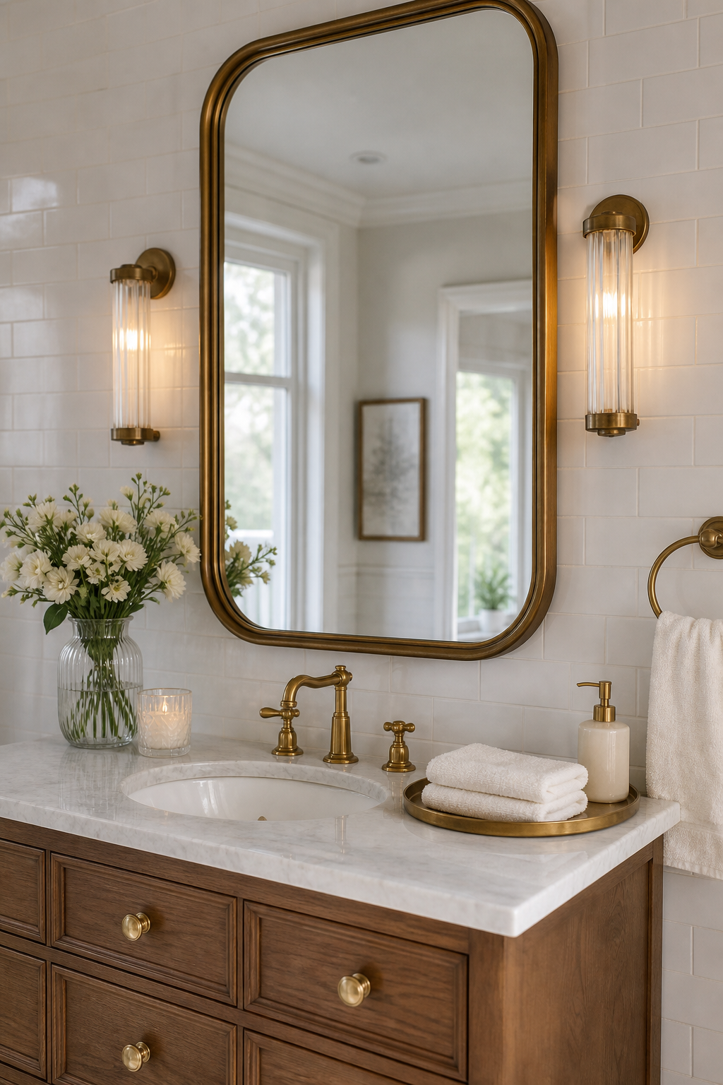 Cute bathroom vanity with rounded brass mirror