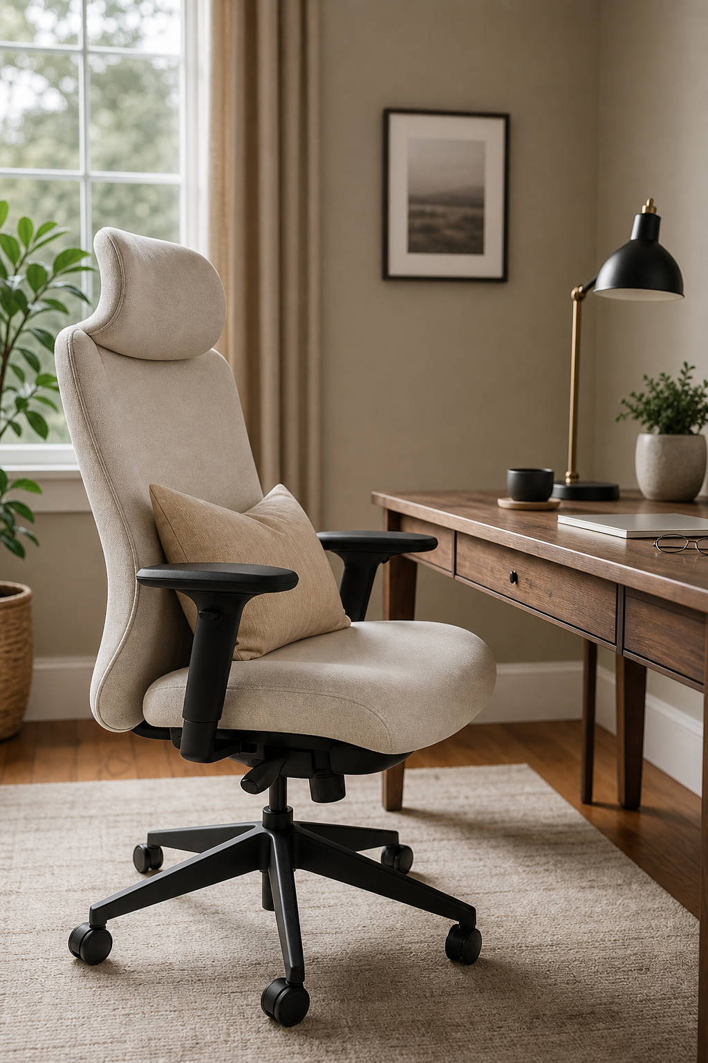 Cozy stylish home office with upholstered ergonomic chair, wood desk, lumbar pillow, desk lamp, neutral walls