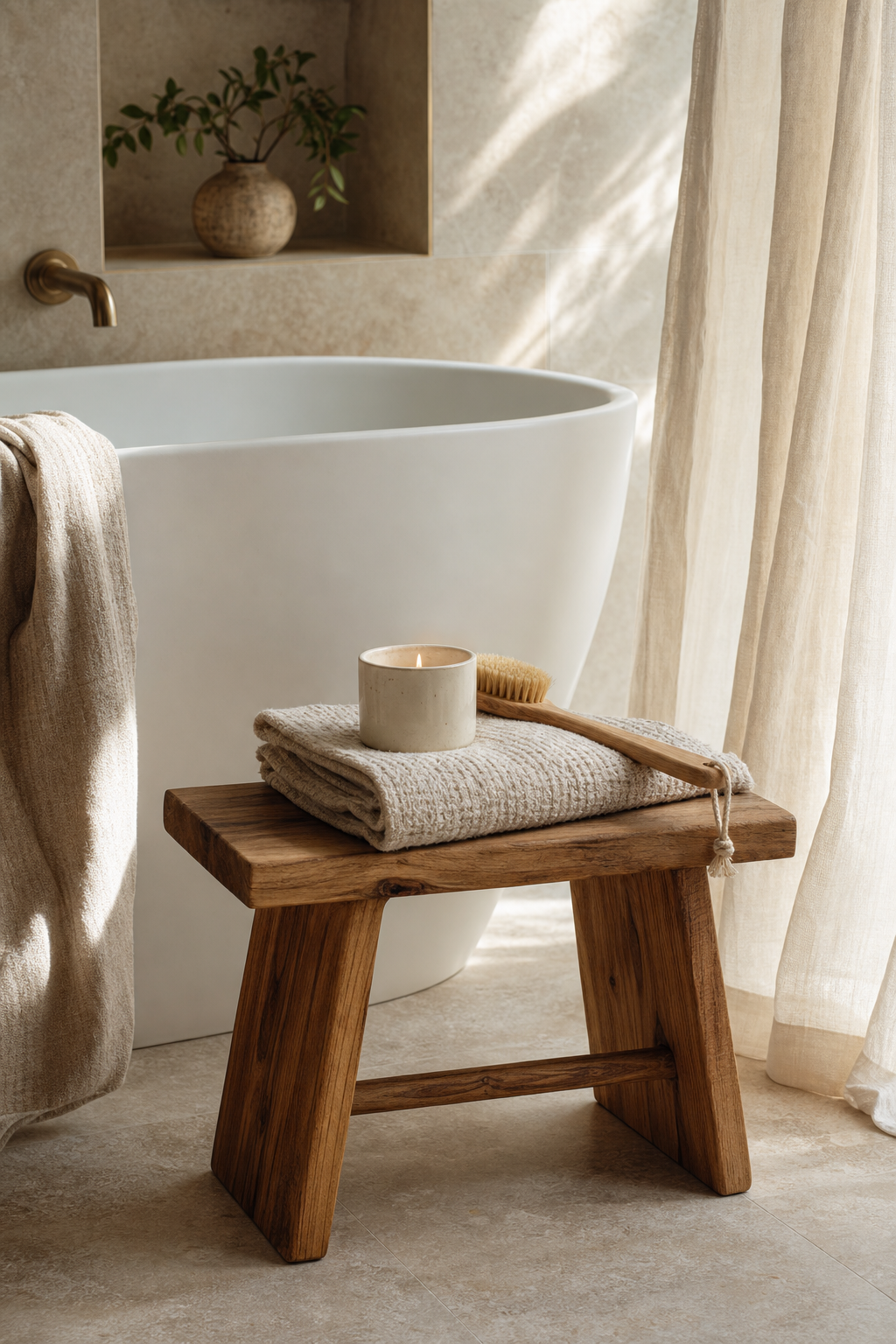 Bathroom tub with wood stool folded towel and candle
