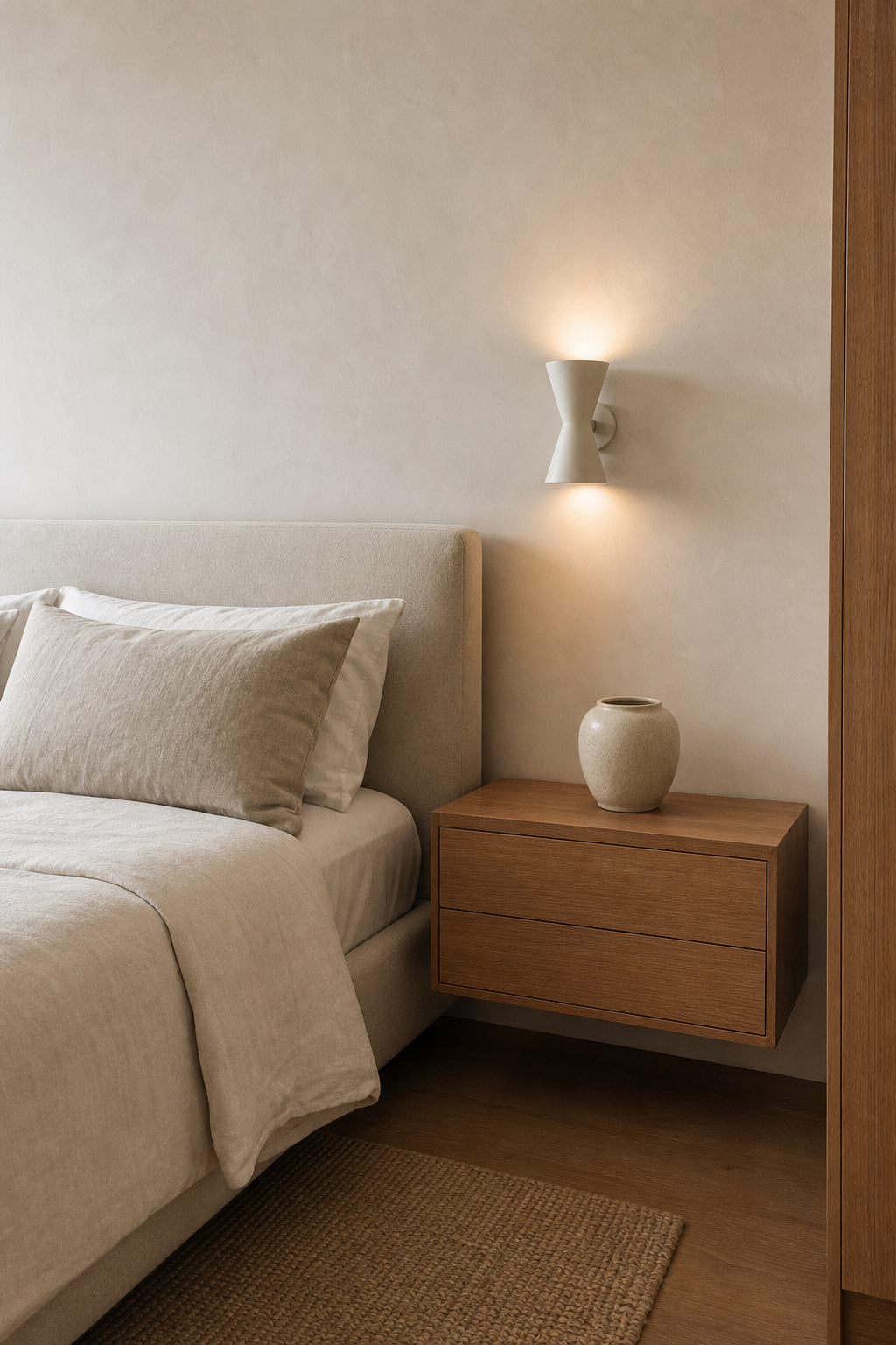 Cozy minimalist bedroom with floating oak nightstands and clean bedside styling