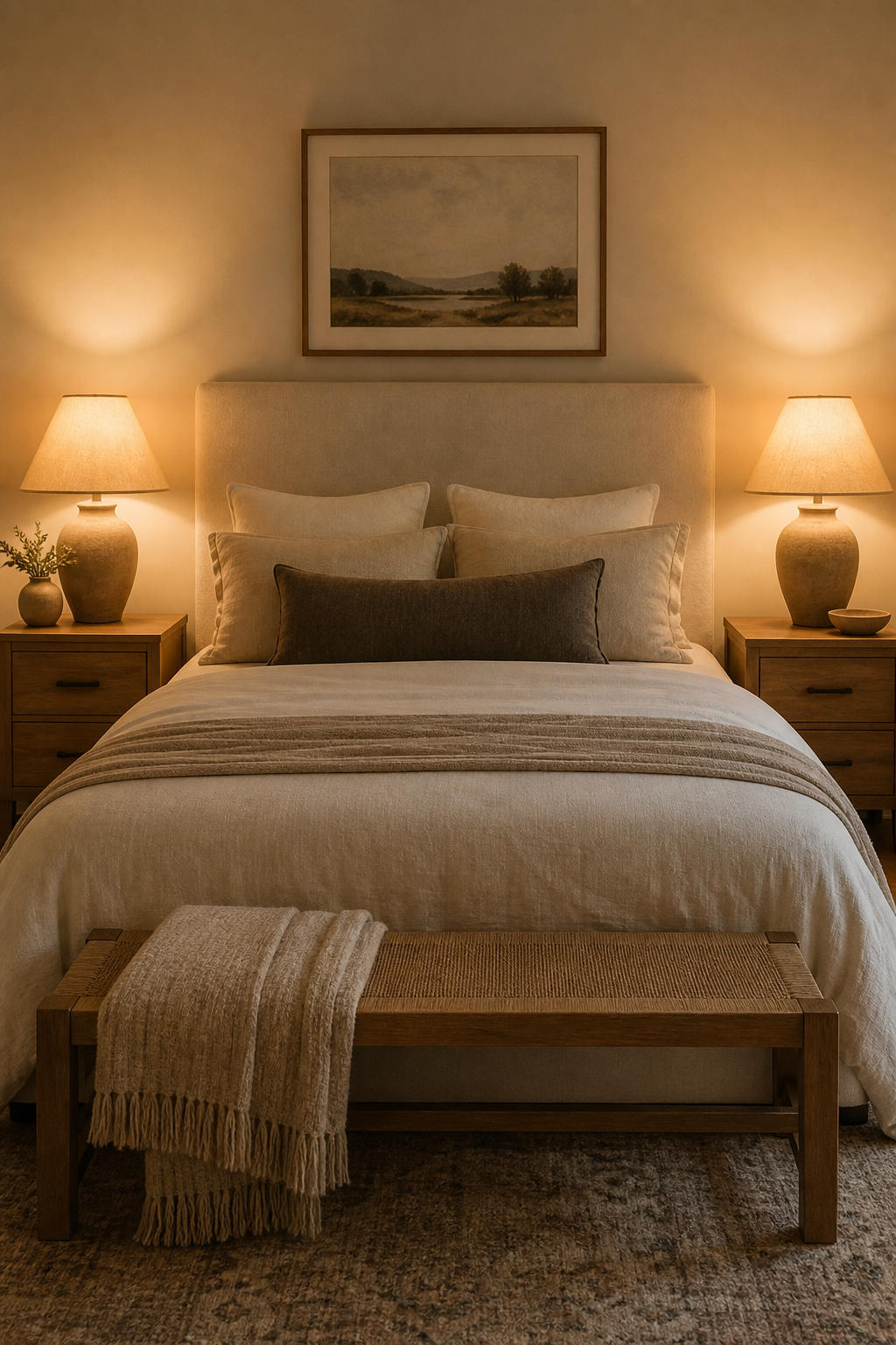 Guest bedroom with matching bedside lamps, warm glow, linen shades, oak nightstands, cozy bed
