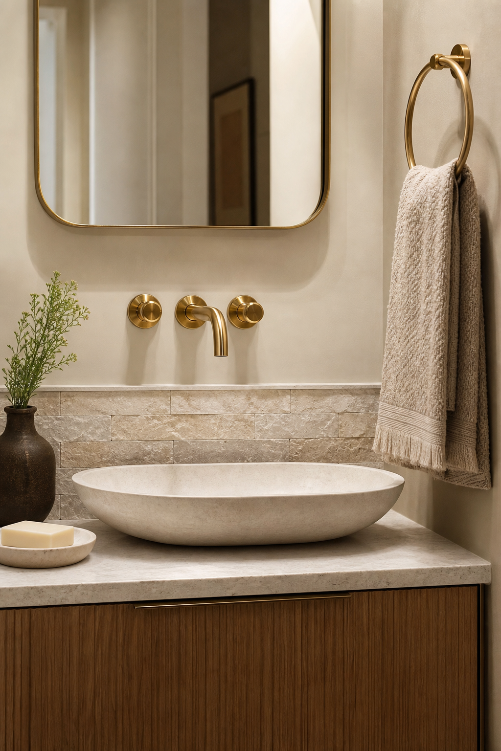 Small half bathroom with wall-mounted brass faucet, shallow basin, slim stone backsplash, and compact vanity