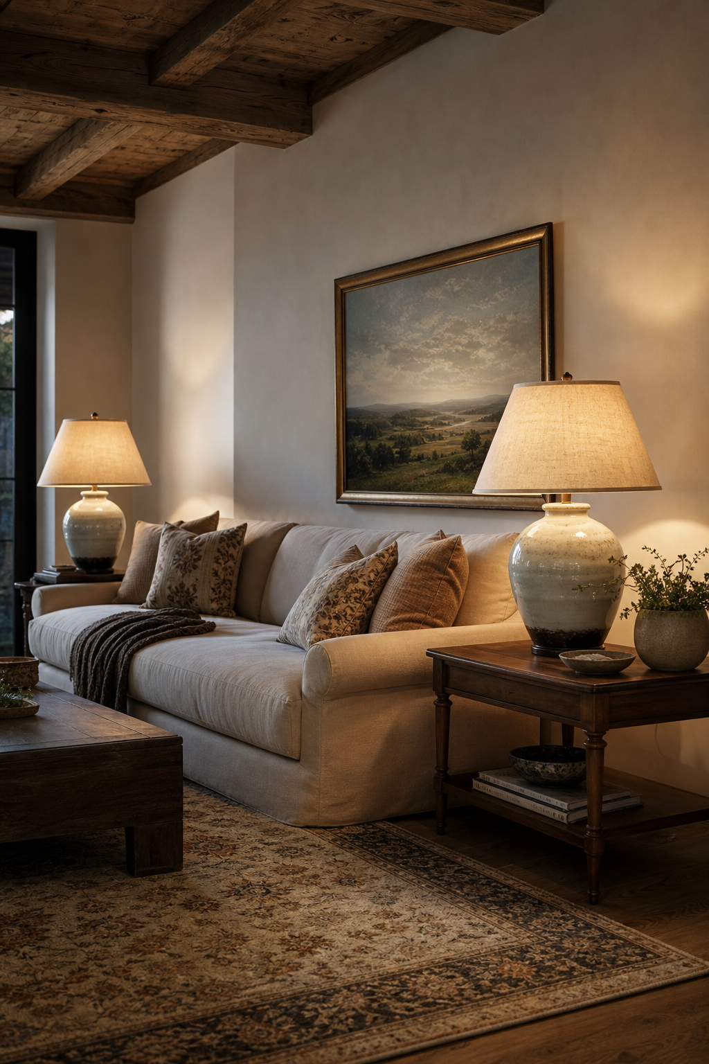 Add A Pair Of Matching Table Lamps in a cozy designer living room
