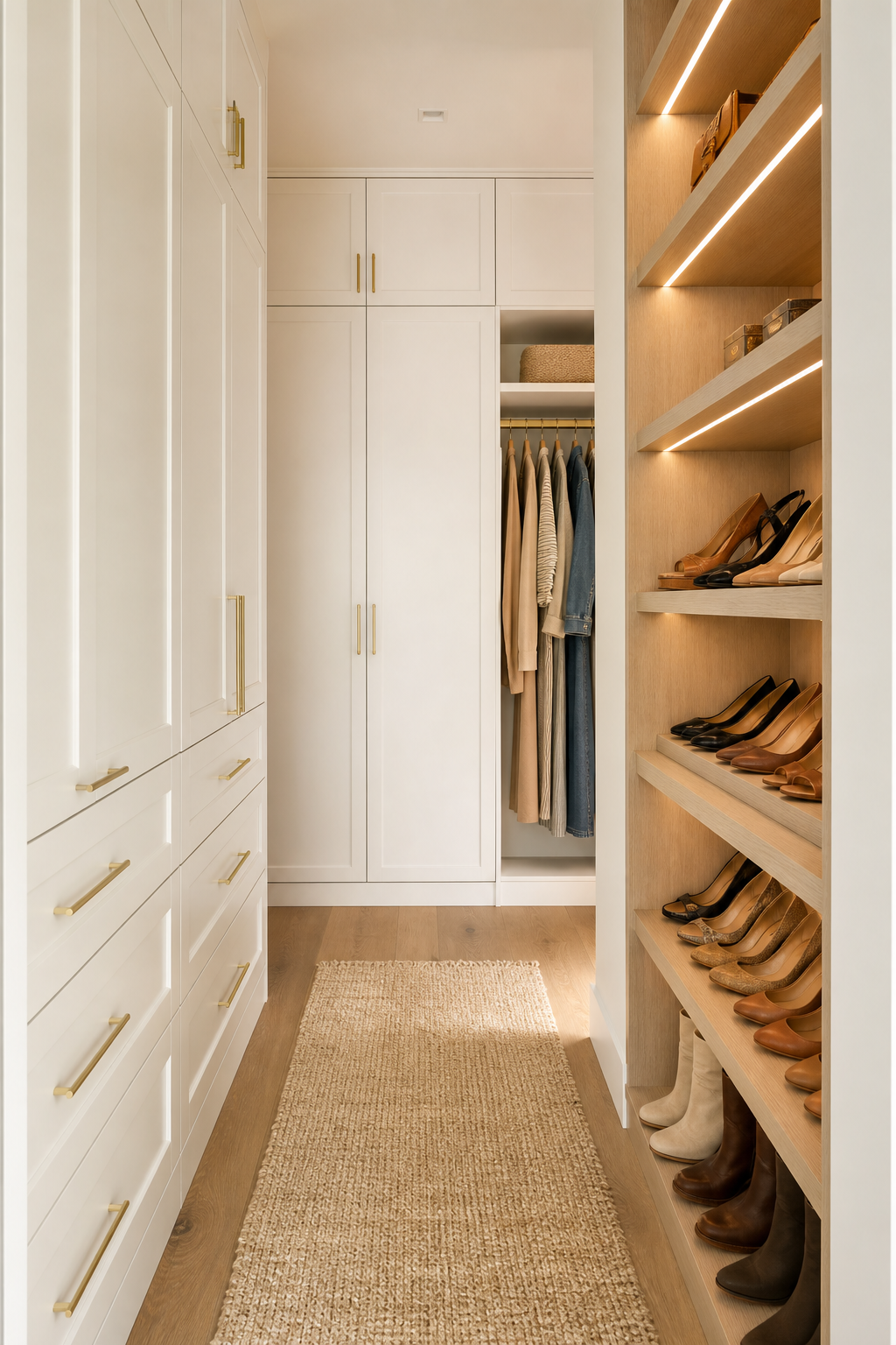 open shoe display shelves in a neat stylish closet interior