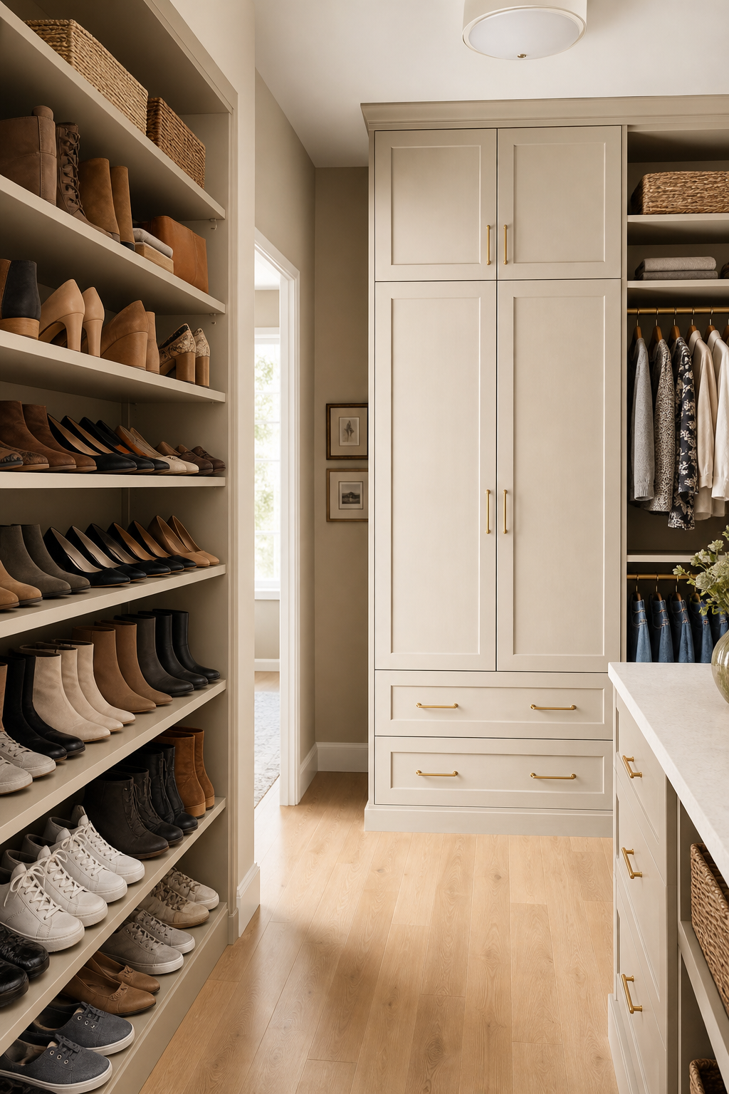 Mix Open Shelves With Closed Storage in a neat stylish walk-in closet