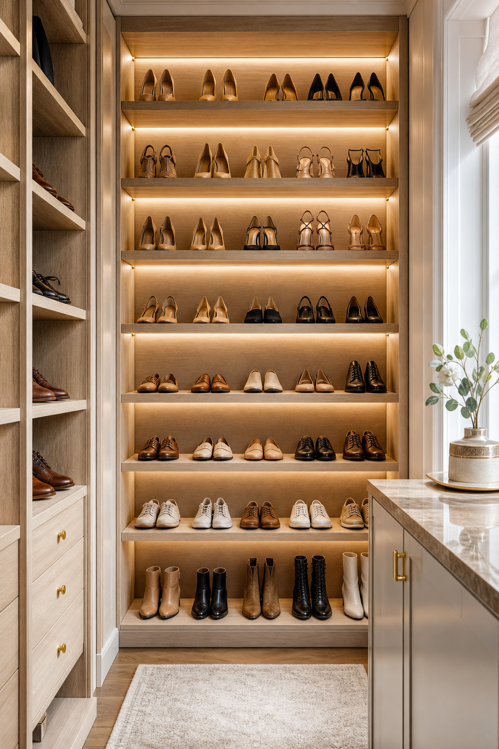 Dressing closet idea with create a shoe library wall