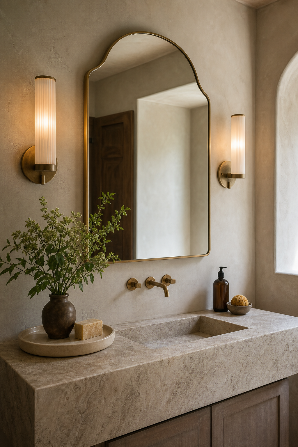 Layer rounded mirror with sconces in a spa-like guest bathroom
