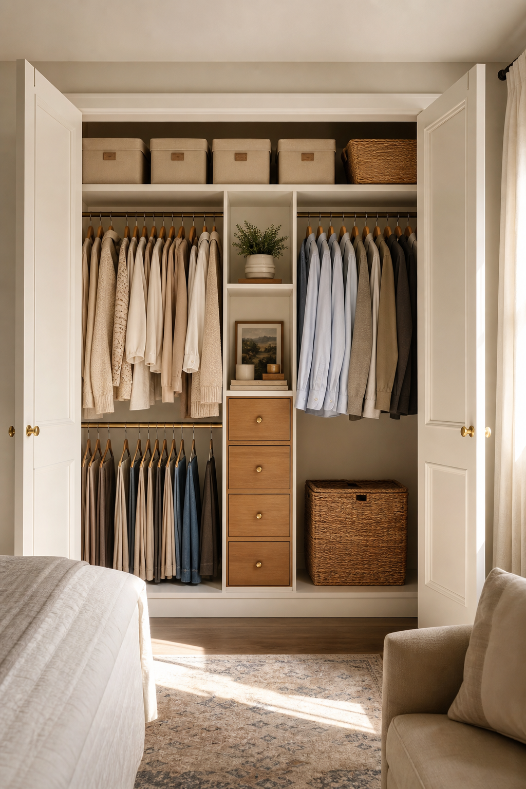 Reach-in closet with warm white built-ins, double hanging rails, drawers, and fabric storage boxes