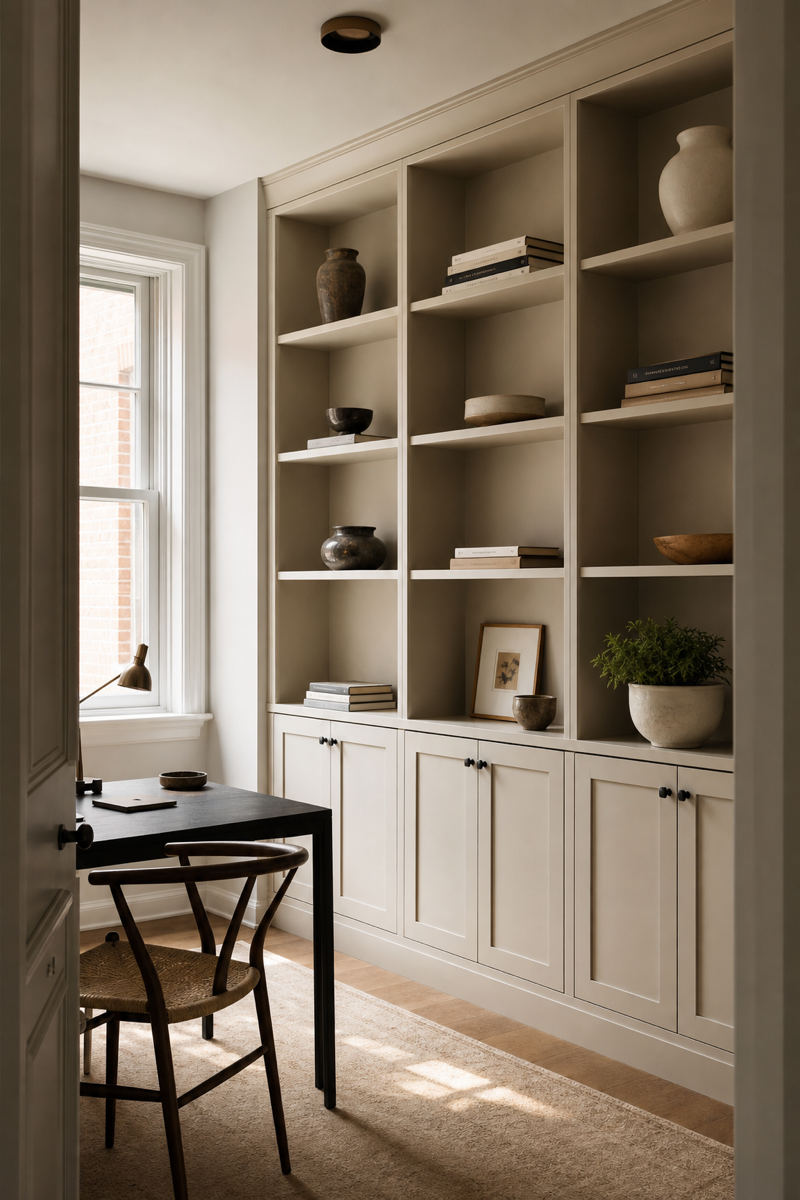 Small room makeover with tall built-in storage and sparse open shelves