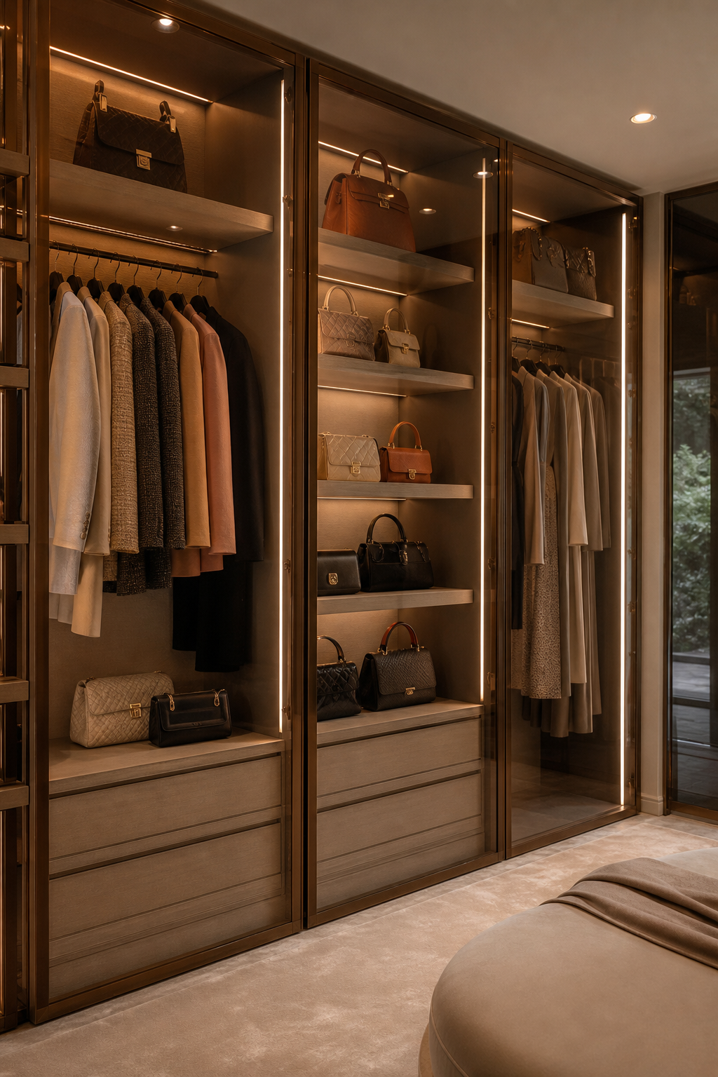 Add Glass Front Cabinets in a neat stylish closet room