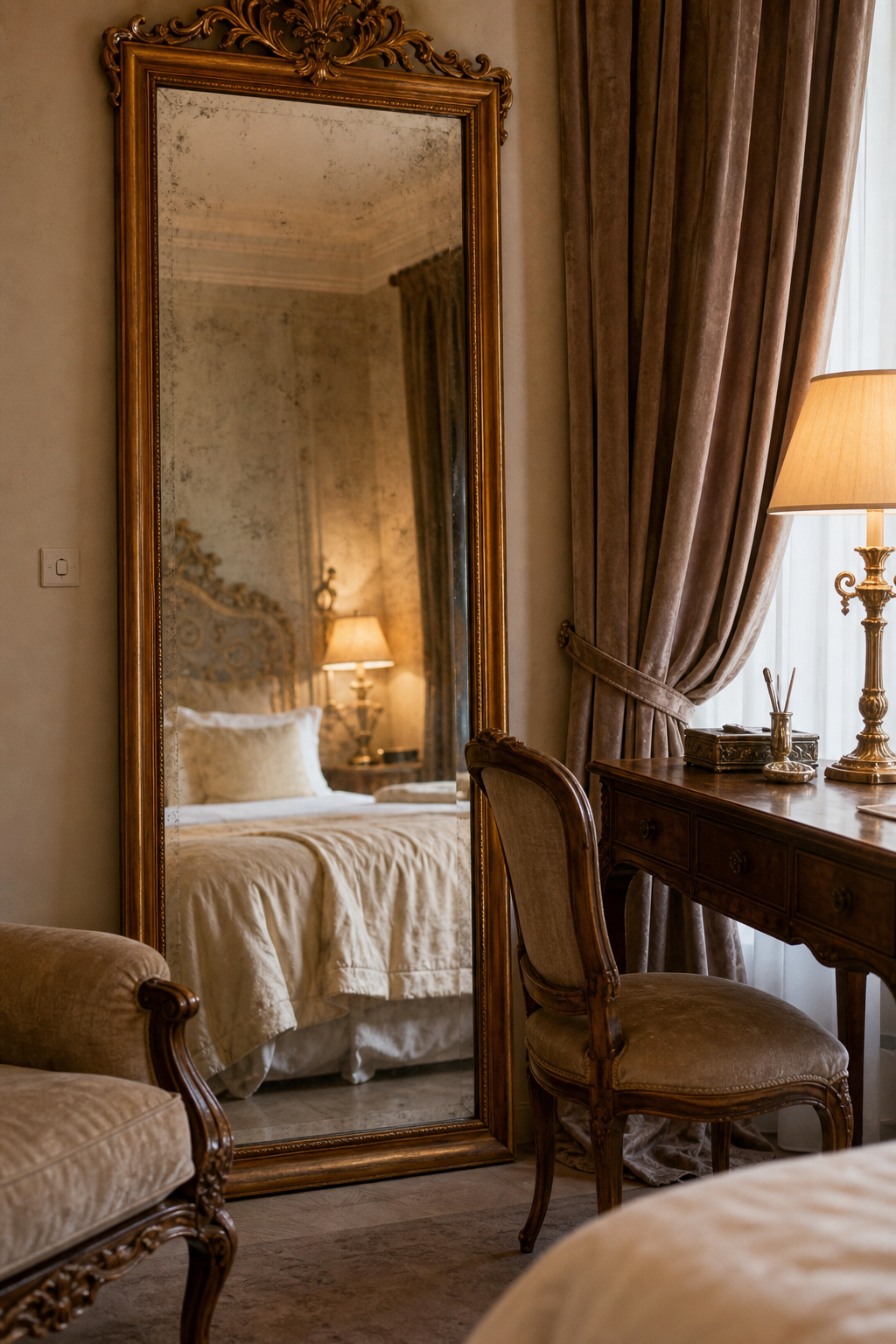 Antique glass standing mirror in a romantic bedroom corner