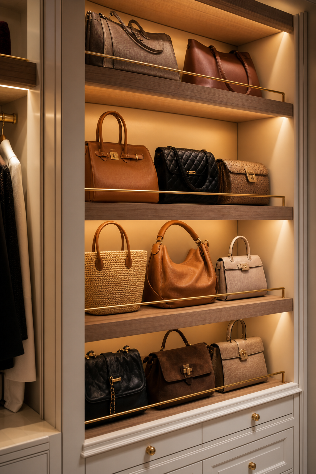 Install Soft Shelf Lighting in a neat stylish handbag closet