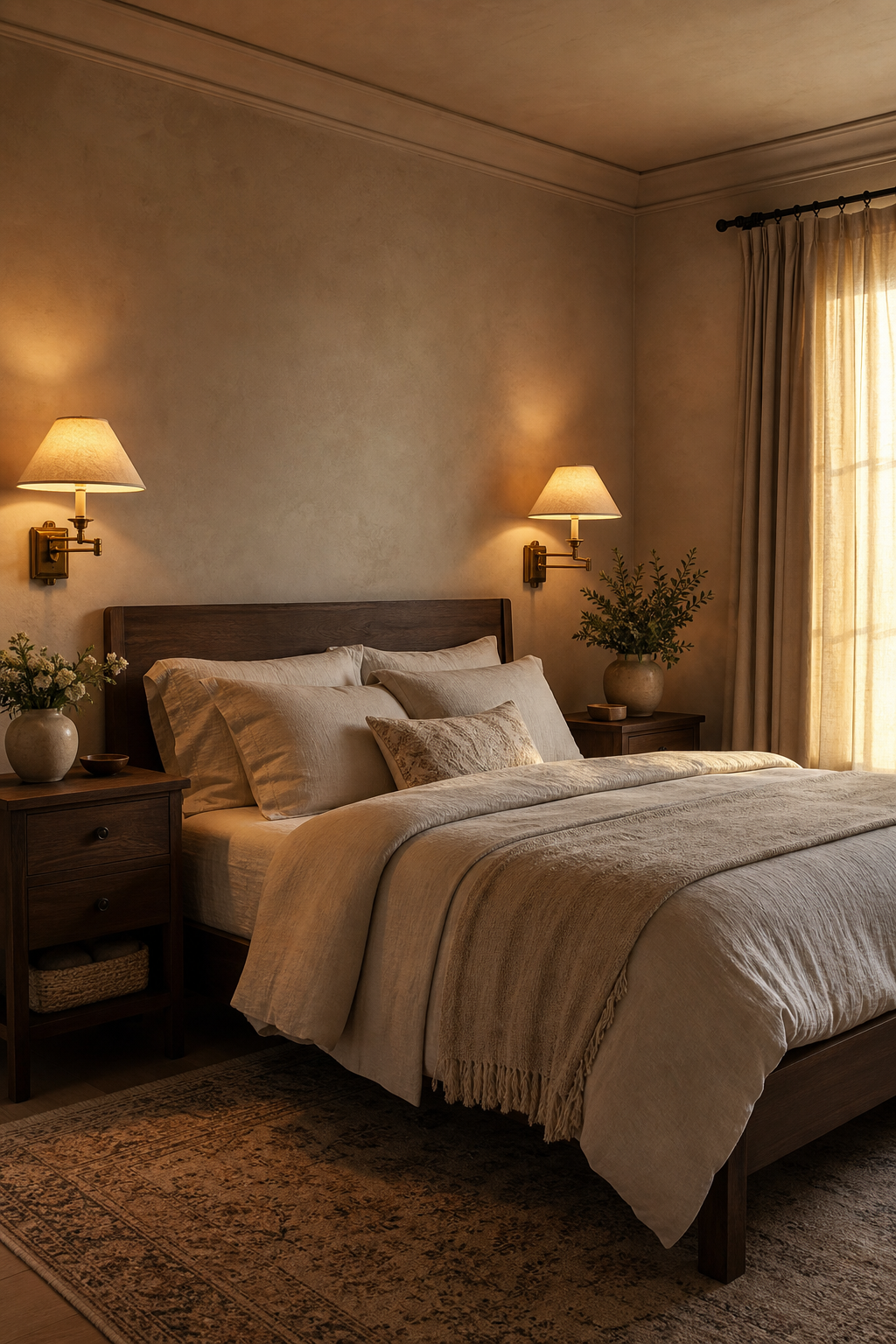 Cozy bedroom with warm brass wall sconces, cream bedding, and walnut furniture
