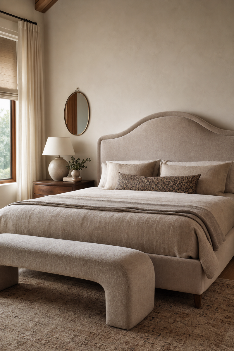 Elegant bedroom with curved upholstered headboard and soft shapes