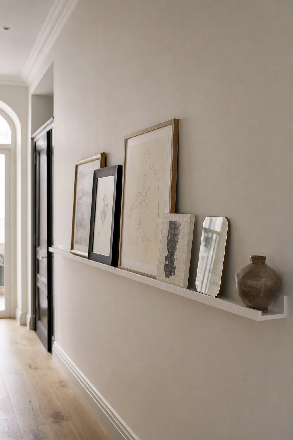 Slim picture ledge with layered wall art