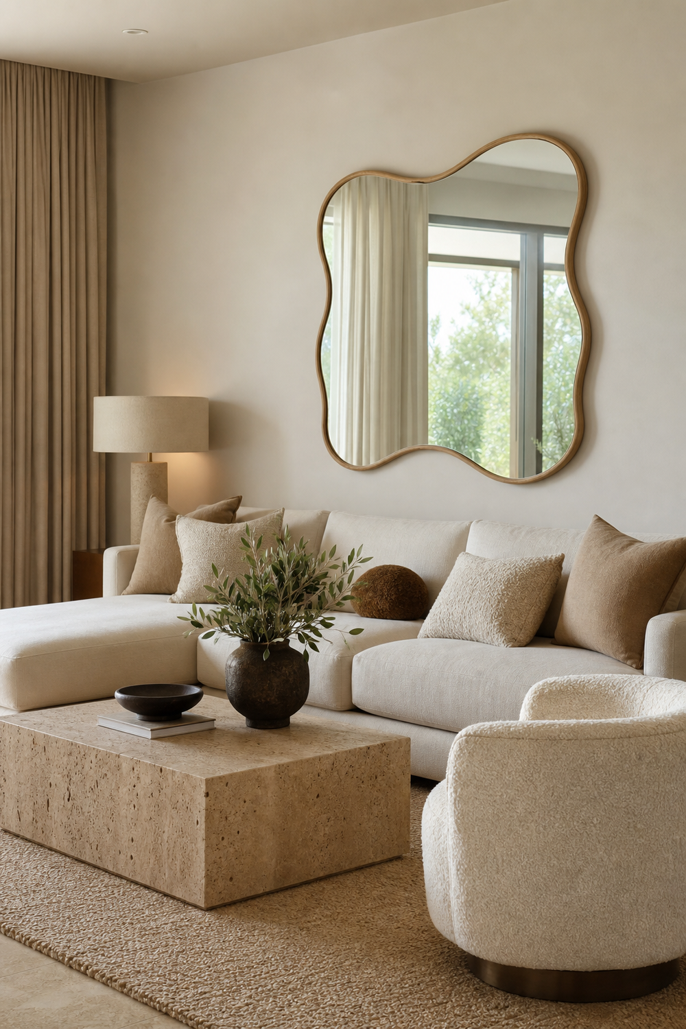 Use A Wavy Mirror To Soften A Modern Sofa Wall for wavy mirror ideas
