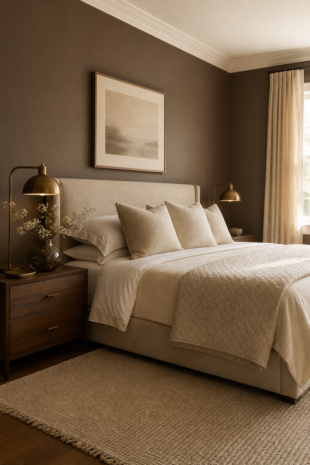 Cocoa and cream bedroom with taupe walls and cream bedding