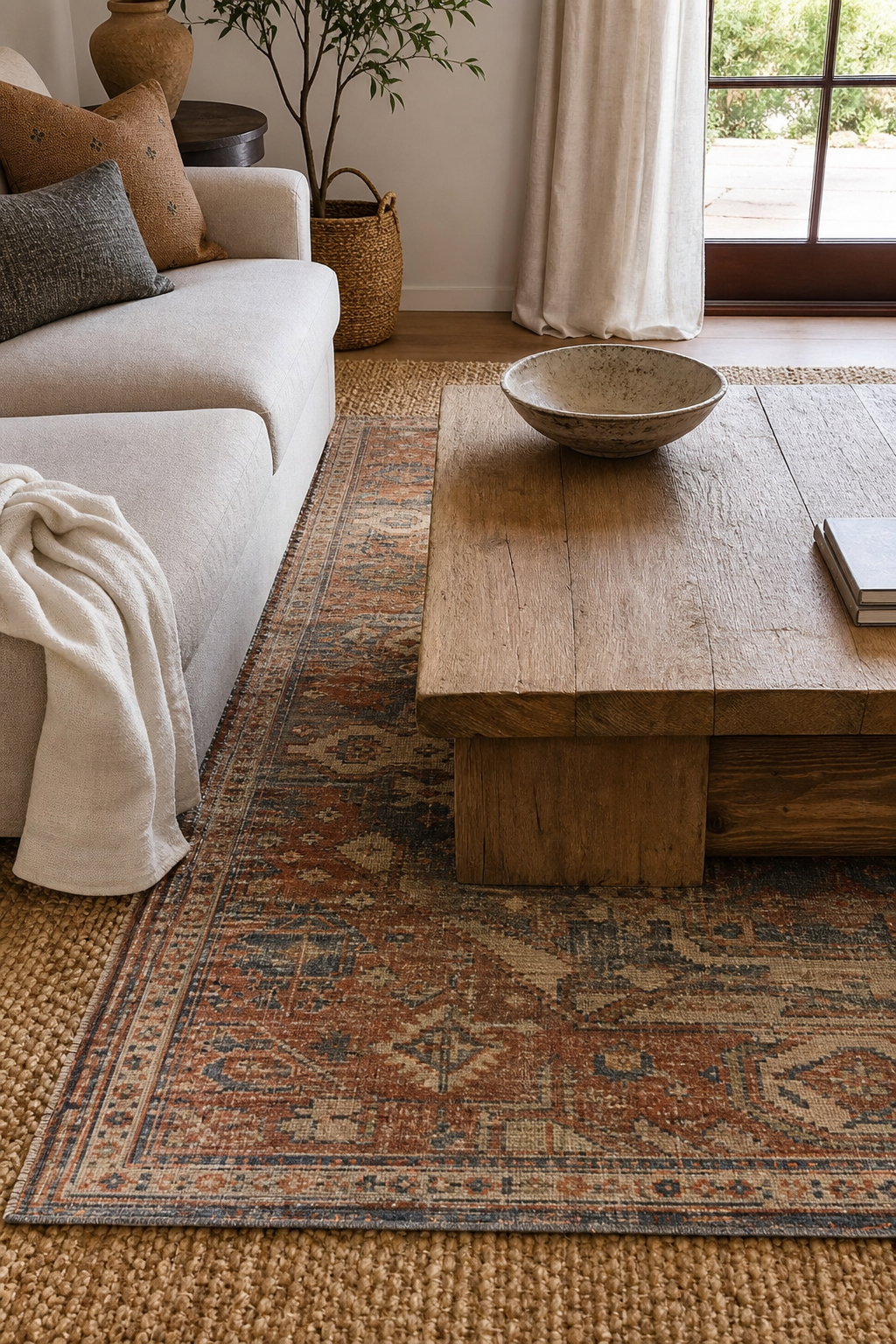 Aesthetic living room with layered rugs and low wood coffee table