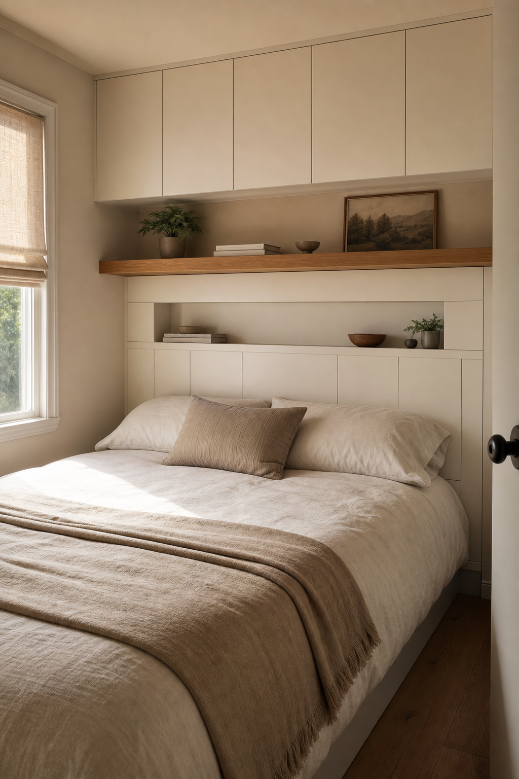Small bedroom storage headboard with shallow built-in niches