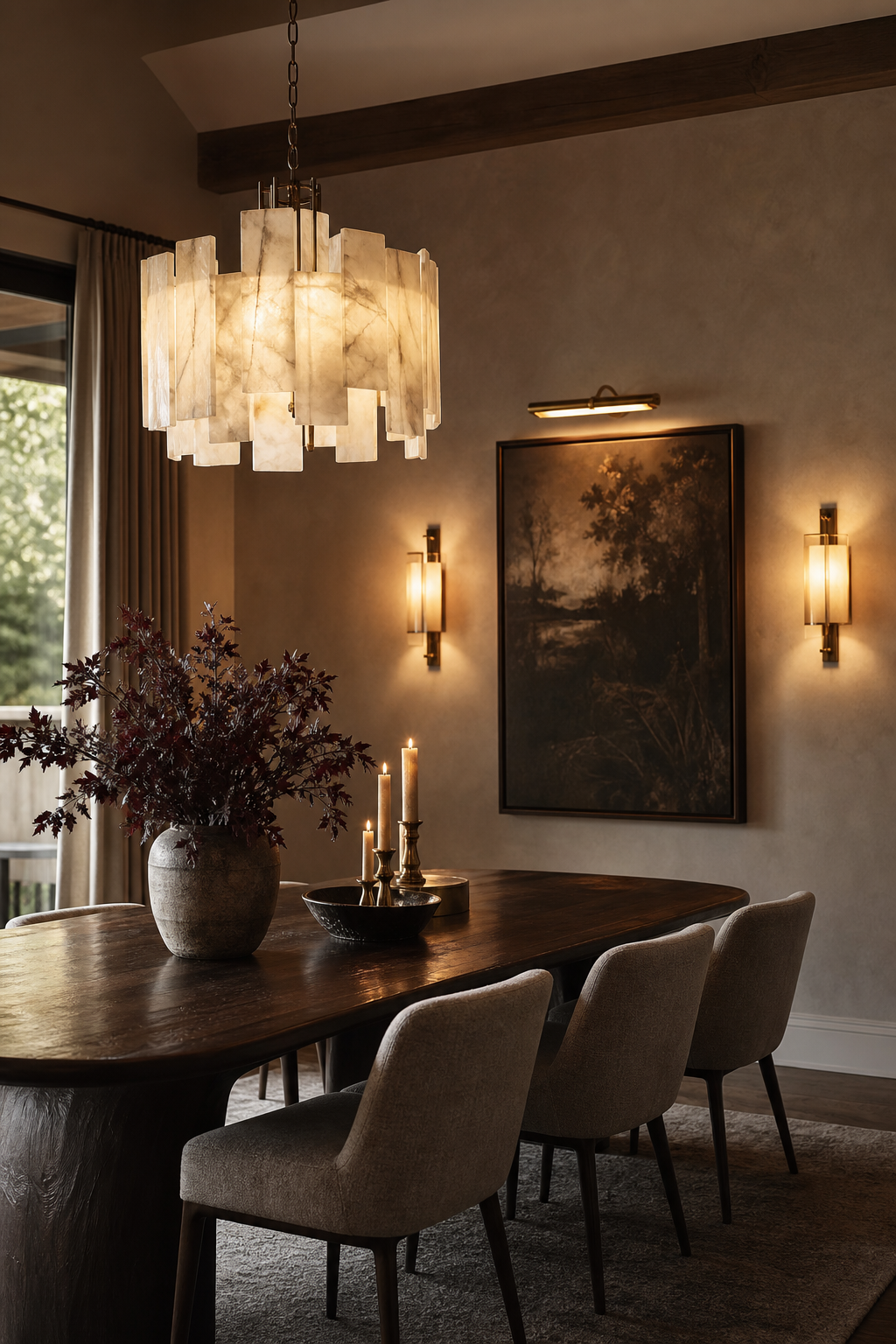 Luxury dining room with layered chandelier, sconces, and warm ambient lighting