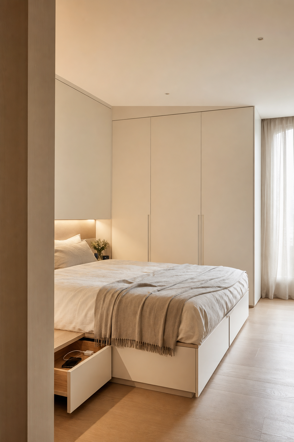 Minimal bedroom with seamless built-in wardrobes, under-bed drawers, and calm concealed storage