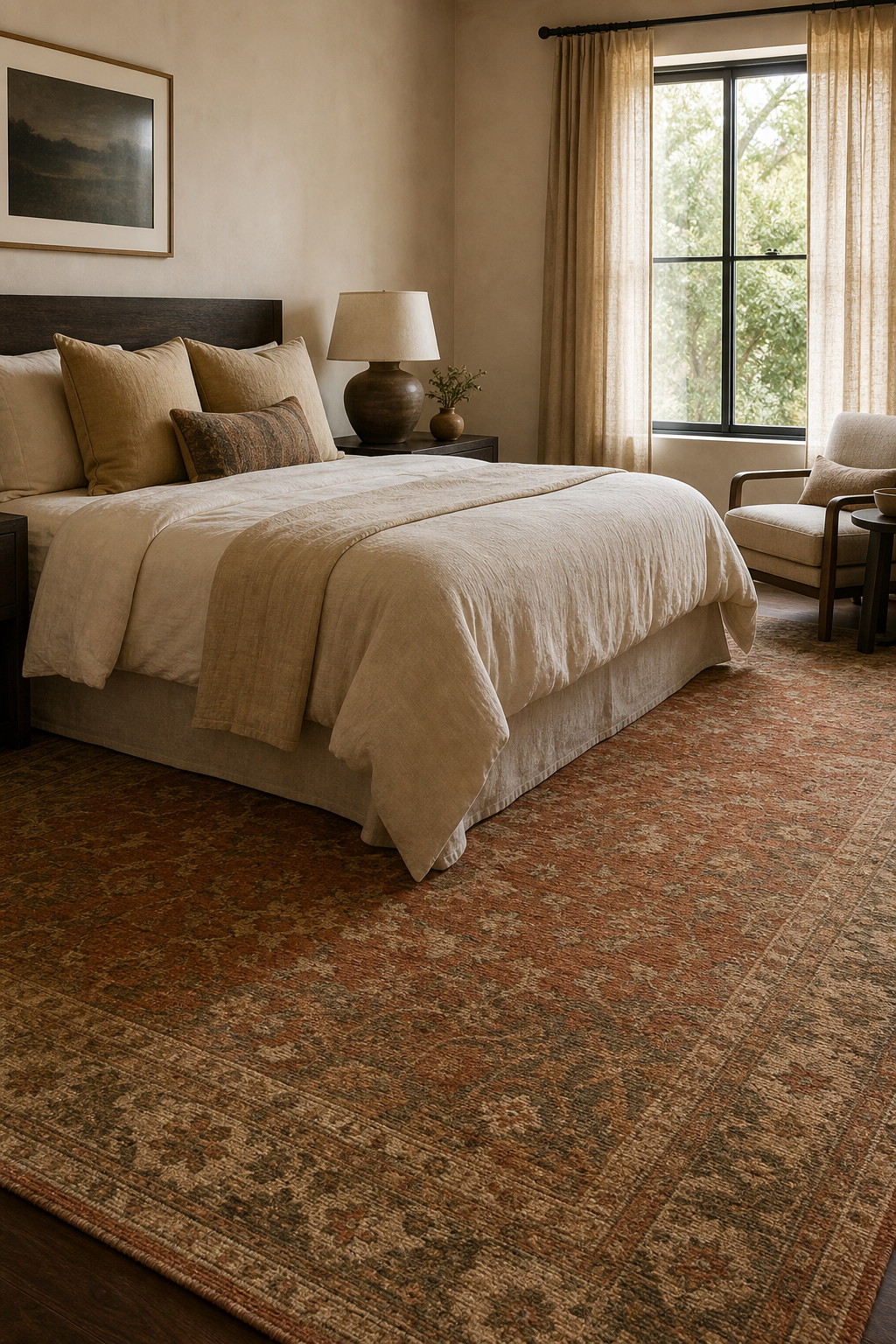 Earthy bedroom with large faded wool rug extending beyond the bed
