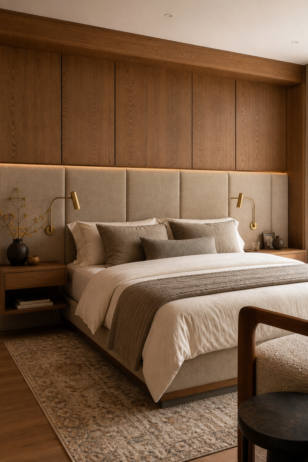 Luxury bedroom with wrapped oak and linen headboard wall, integrated sconces, and soft oatmeal bedding