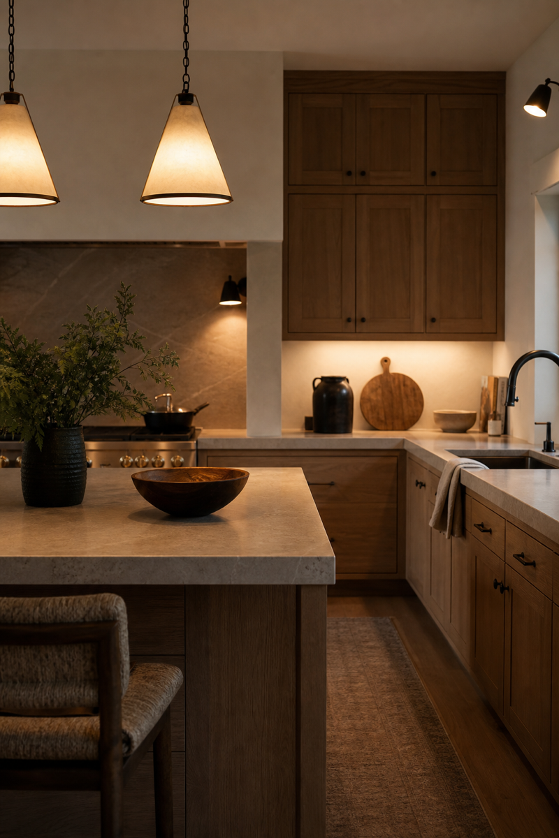 Warm functional kitchen with layered pendant and task lighting