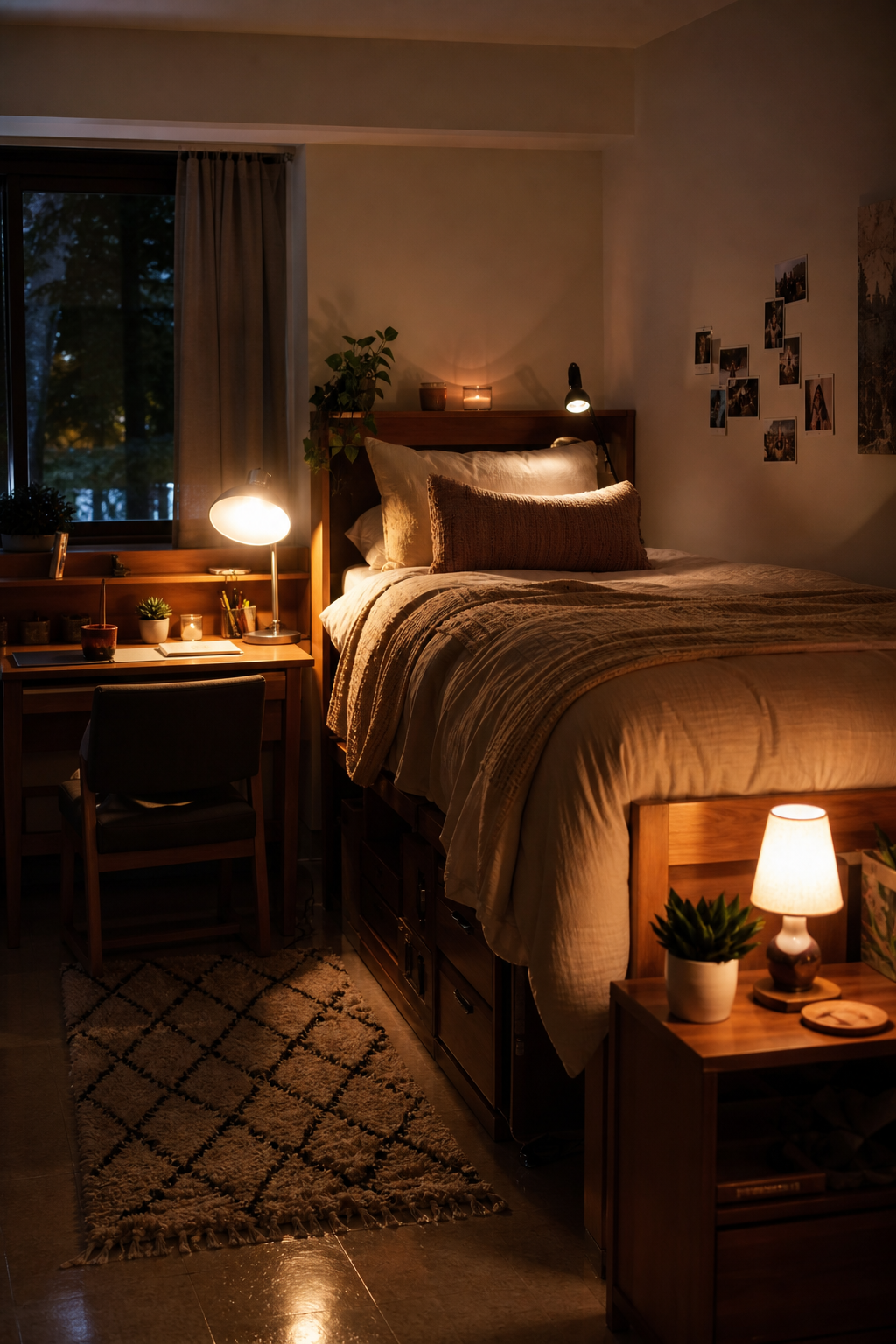 Dorm room with warm bedside lamp, desk lamp, and soft evening glow