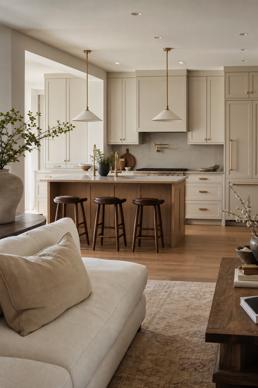 Quiet cabinetry in an open kitchen beside living space