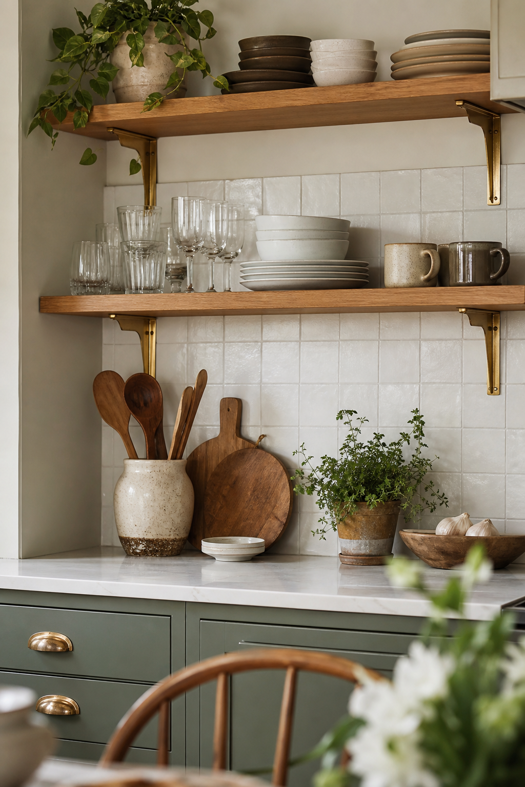 Cozy kitchen open shelves styled with everyday ceramics and wooden spoons
