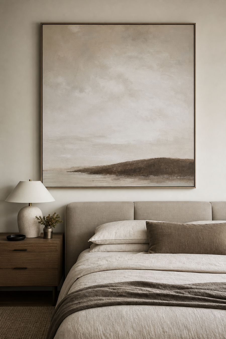 Oversized artwork anchoring a calm luxury room