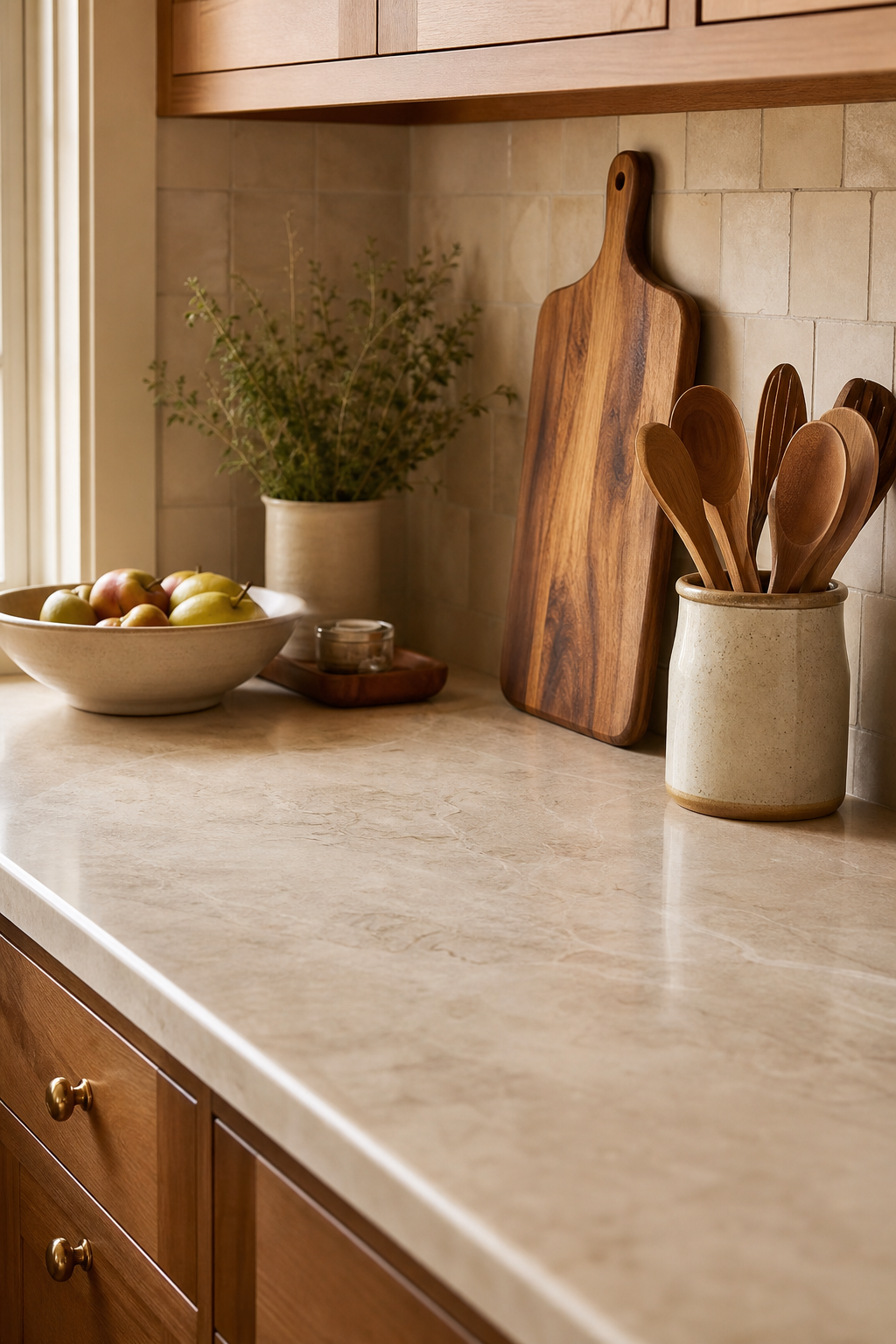Simple kitchen counter with clear stone workspace, cutting board, utensil crock, and fruit bowl