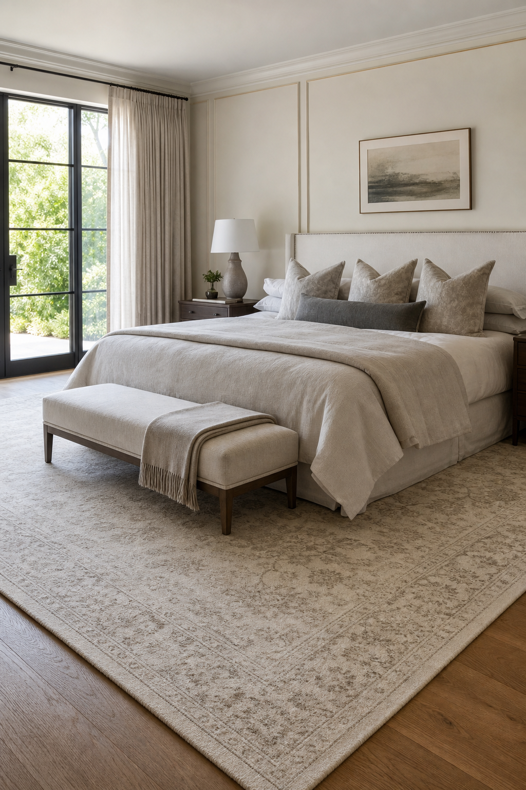 Large wool bedroom rug softening the area around a king bed