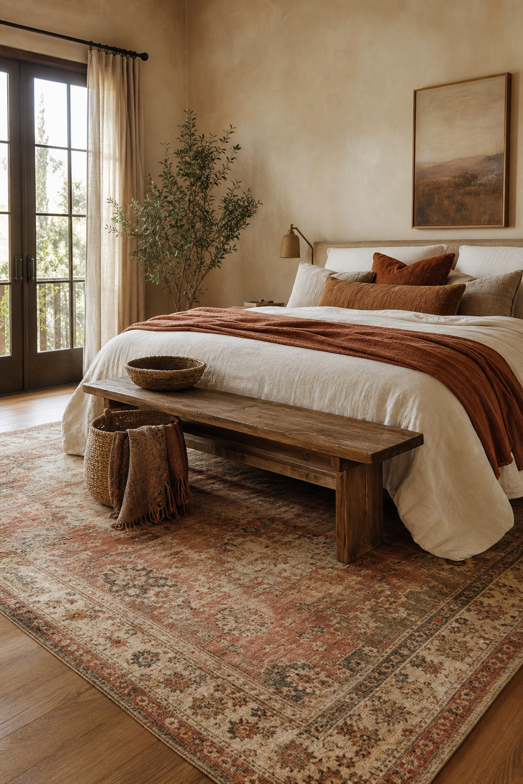 Boho bedroom anchored by a faded vintage-inspired rug