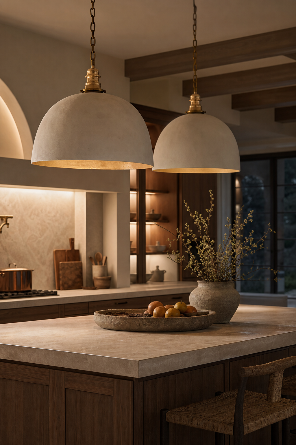 Pendant lights defining a warm kitchen island