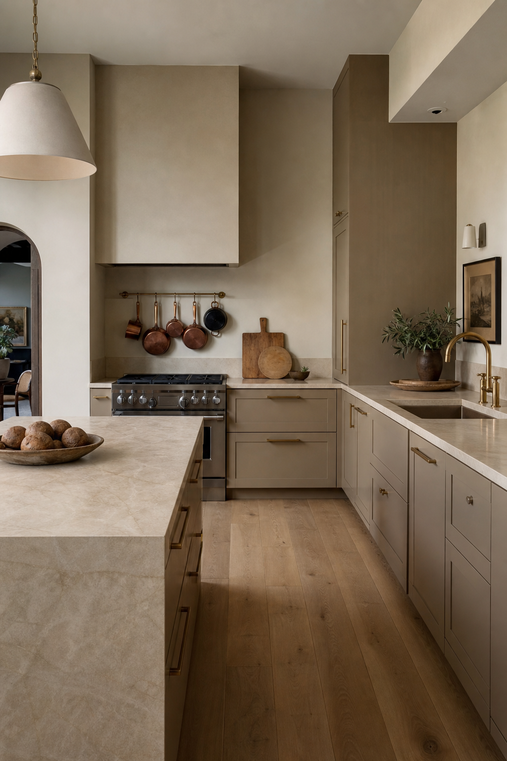 Soft neutral modern kitchen with mushroom cabinets, zellige backsplash, and marble counters