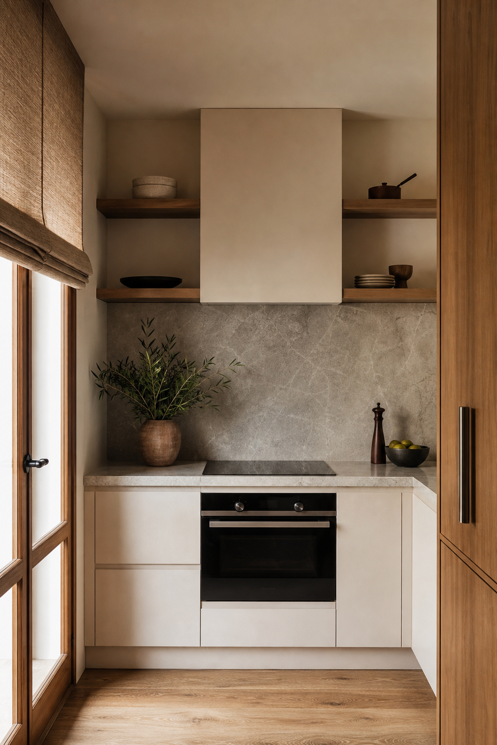Small kitchen with a slim honed stone backsplash and matching counter