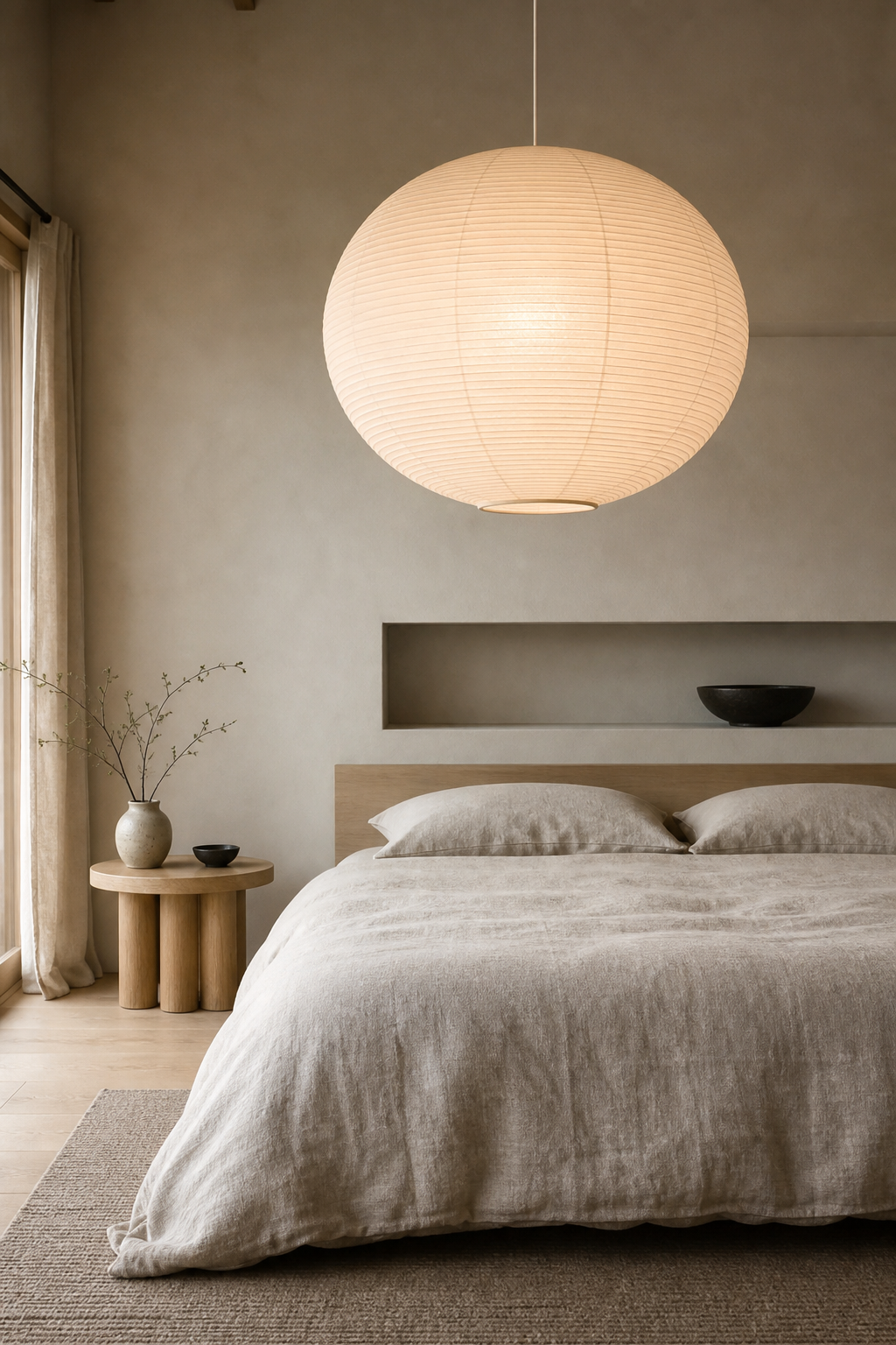 Japandi bedroom with hang an Oversized Paper Pendant