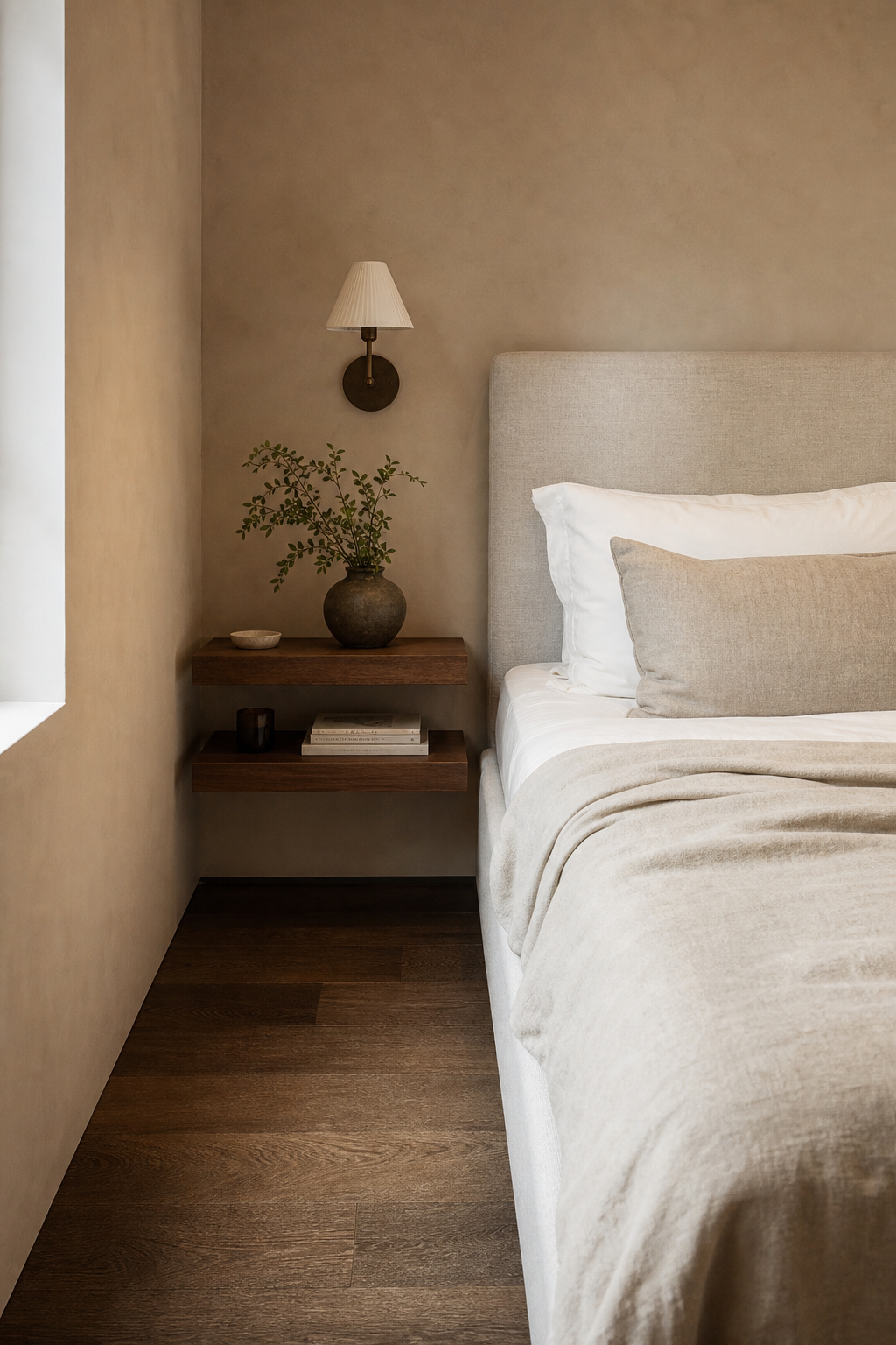 Narrow small bedroom with floating walnut ledges used as nightstands