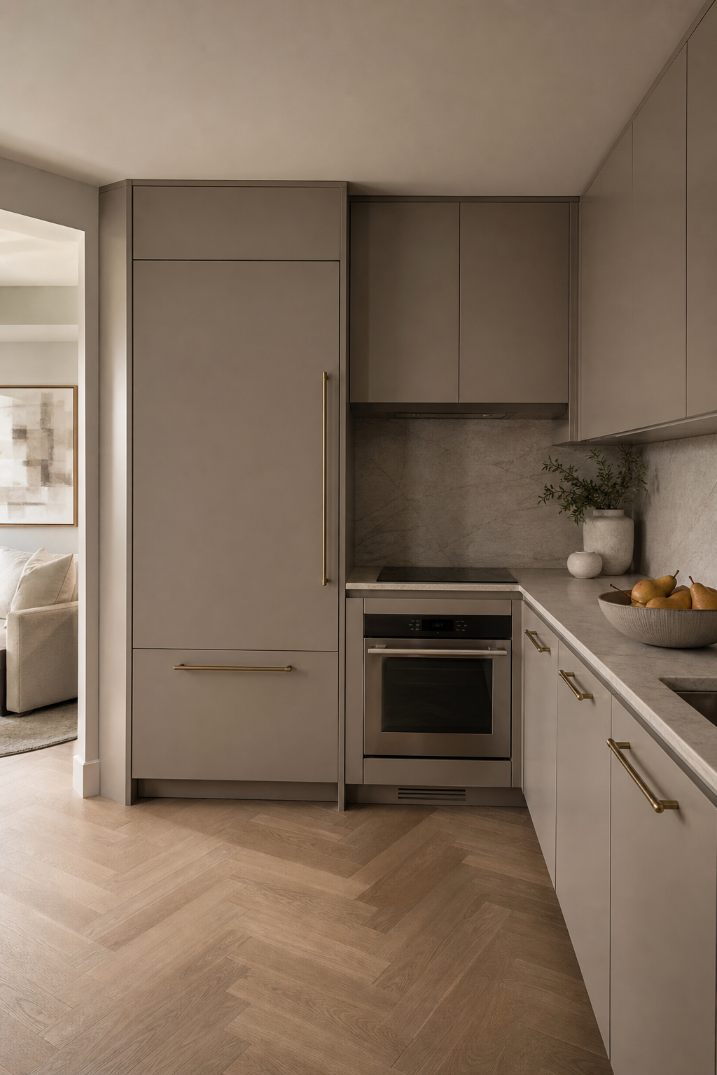 Very small kitchen with integrated appliances, taupe cabinetry, stone counter, and bronze pulls