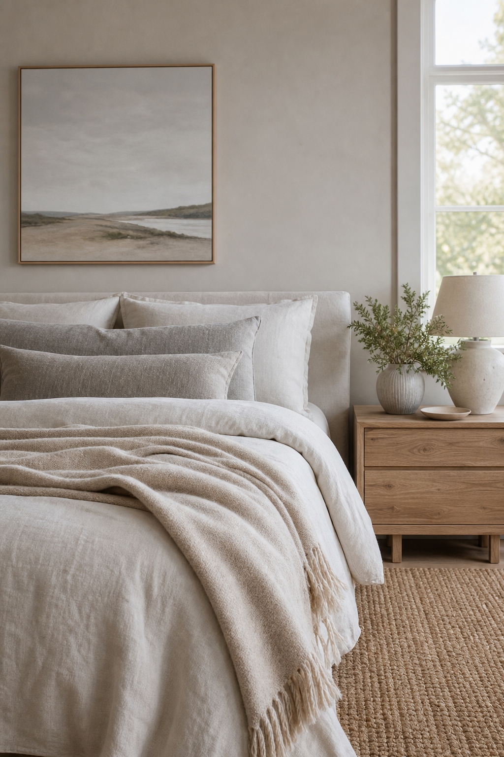 Scandinavian bedroom layered with wool linen and cotton textures