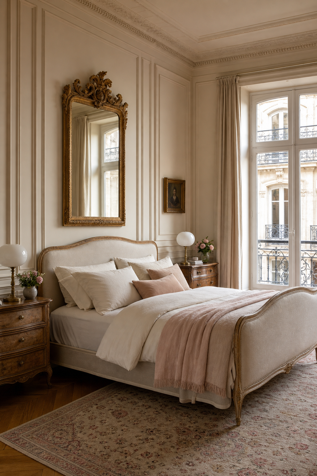 Parisian bedroom with molding, upholstered bed, vintage rug, and antique accents