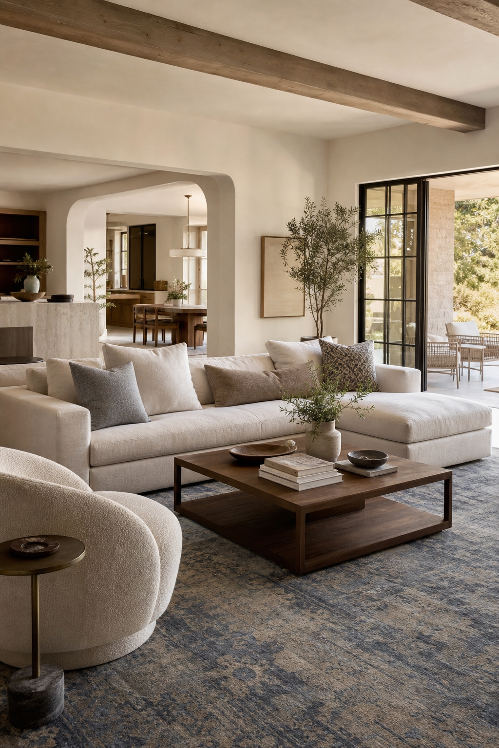 Open-plan sitting area anchored by a large hand-knotted rug with refined furniture and coordinated decor
