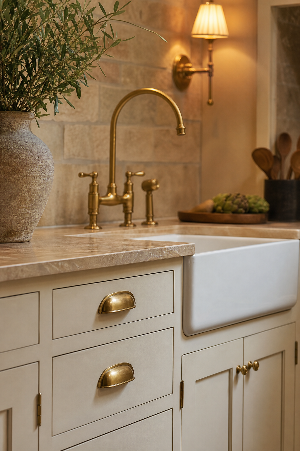 aged brass for gentle glow in a warm functional kitchen