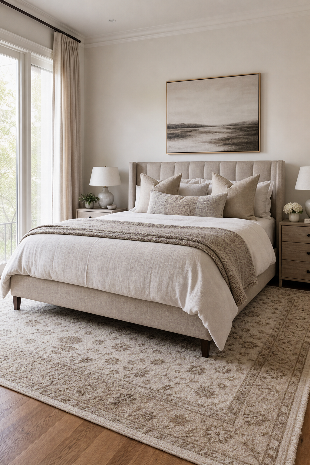 Personal bedroom with large patterned rug connecting bed, desk, and reading chair