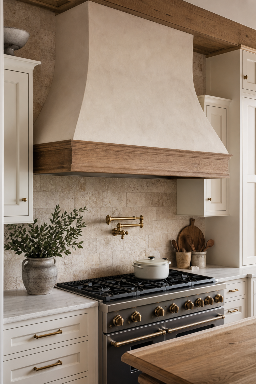 Classic plaster range hood in a warm modern farmhouse kitchen