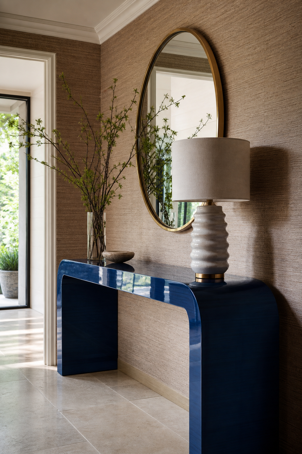 Luxury entryway with cobalt lacquer console, grasscloth walls, brass mirror, and sculptural lamp
