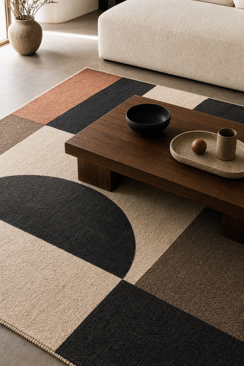Graphic rug anchoring a cool modern seating area